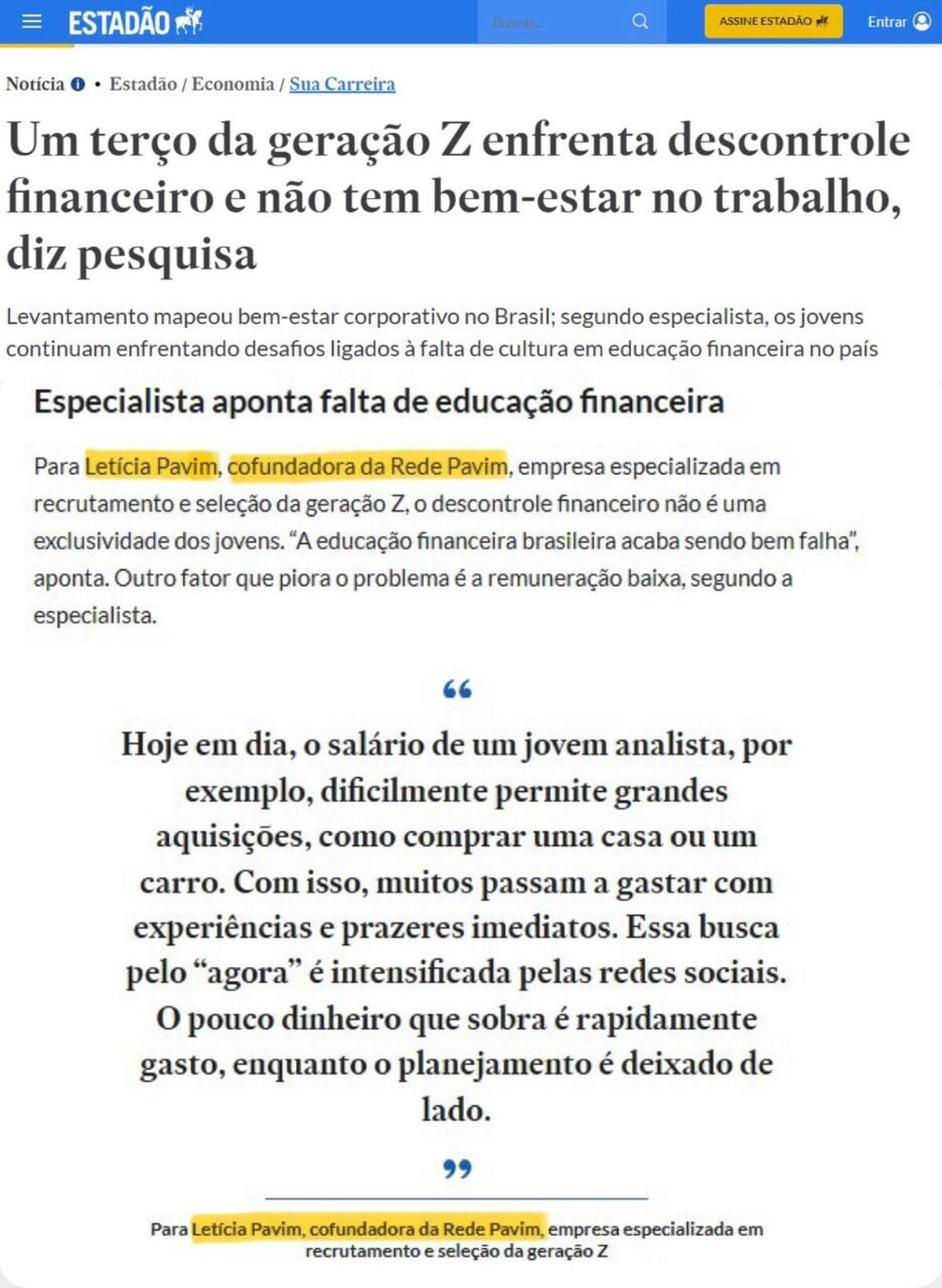 Matéria Estadão: Um terço da geração Z enfrenta descontrole financeiro e não tem bem-estar no trabalho, diz pesquisa