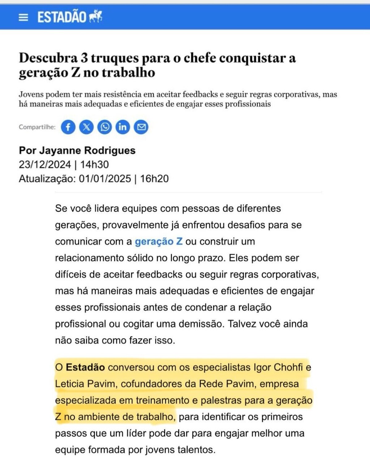 Matéria Estadão: Descubra 3 truques para o chefe conquistar a geração Z no trabalho